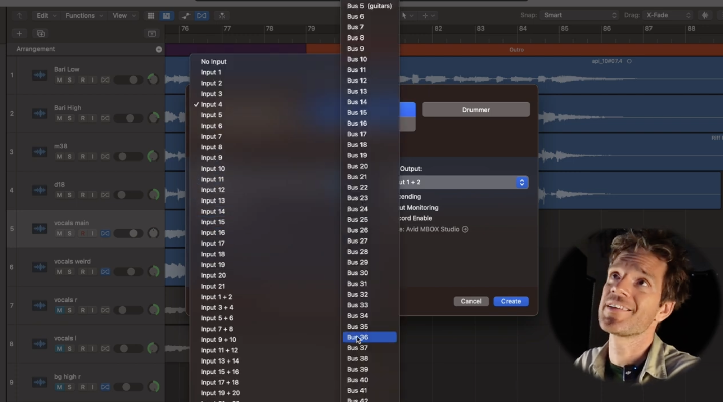 This is an image of Sean Daniels using a bus chain in the DAW for a music production tutorial by boombox.io 